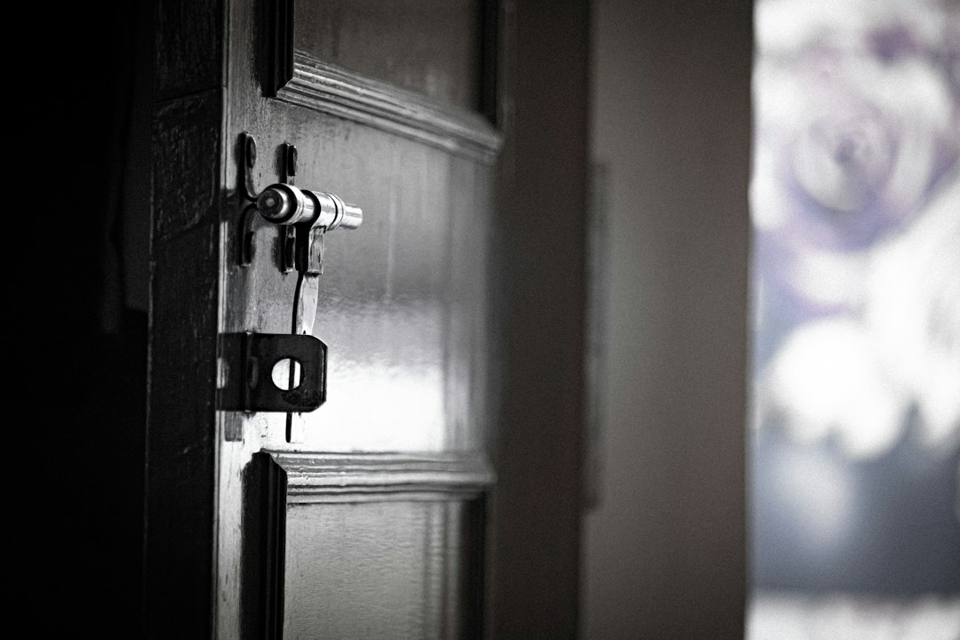 Lock and handle on a slightly open wooden door