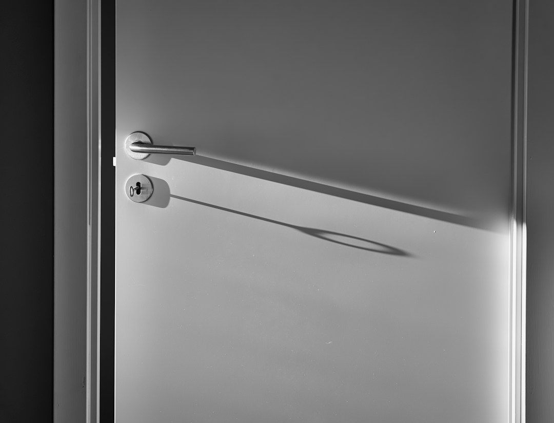 Closed white door with a long shadow across it